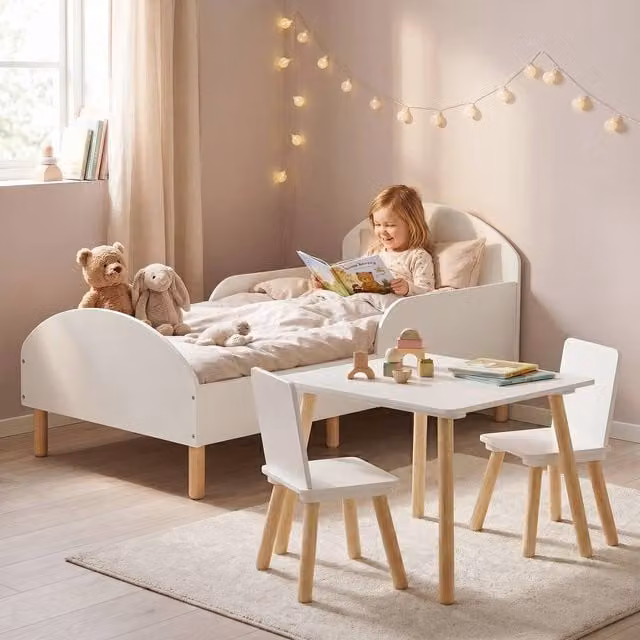 Liberty House Toys White Wooden Toddler Bed, Table and Two Chairs Set