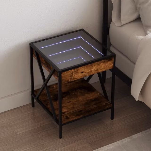 Berkfield Home Bedside Table with Infinity LED and Mirror Top in Smoked Oak Brown, W/D/H: 40 x 40 x 49 cm