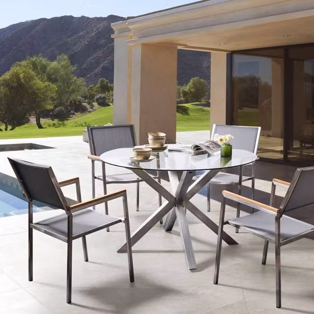 Wyld and Coco Round Outdoor Dining Table with Transparent Tempered Glass Top and Silver Stainless Steel Base, Diameter: 120 cm