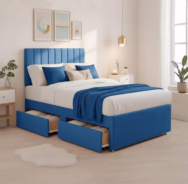 Bed Time UK Luxe Super King Hybrid Divan Bed with 20in Headboard and 2 Drawer Storage in Blue, W/D/H: 200 x 200 cm – 1