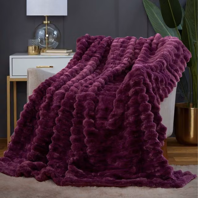 Rapport Home Striped Fleece Faux Fur Throw Blanket in Red and Purple, W/D/H: 150 x 200 cm