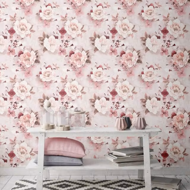 Muriva Lola Red Floral Textured Wallpaper with Silver Glitter Botanical Design