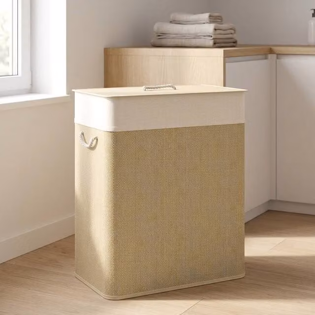 STILVORA Double Laundry Basket 100L with Lid and Removable Bags in Beige
