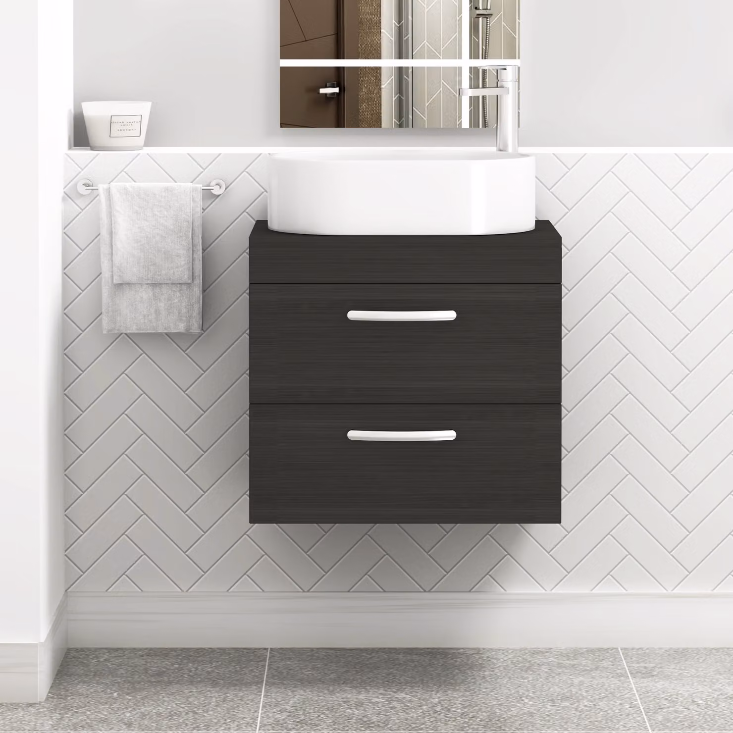Royal Bathrooms Turin 600mm Wall Hung Vanity Unit with 2 Drawers and Countertop Basin in Charcoal Oak Grey and Black