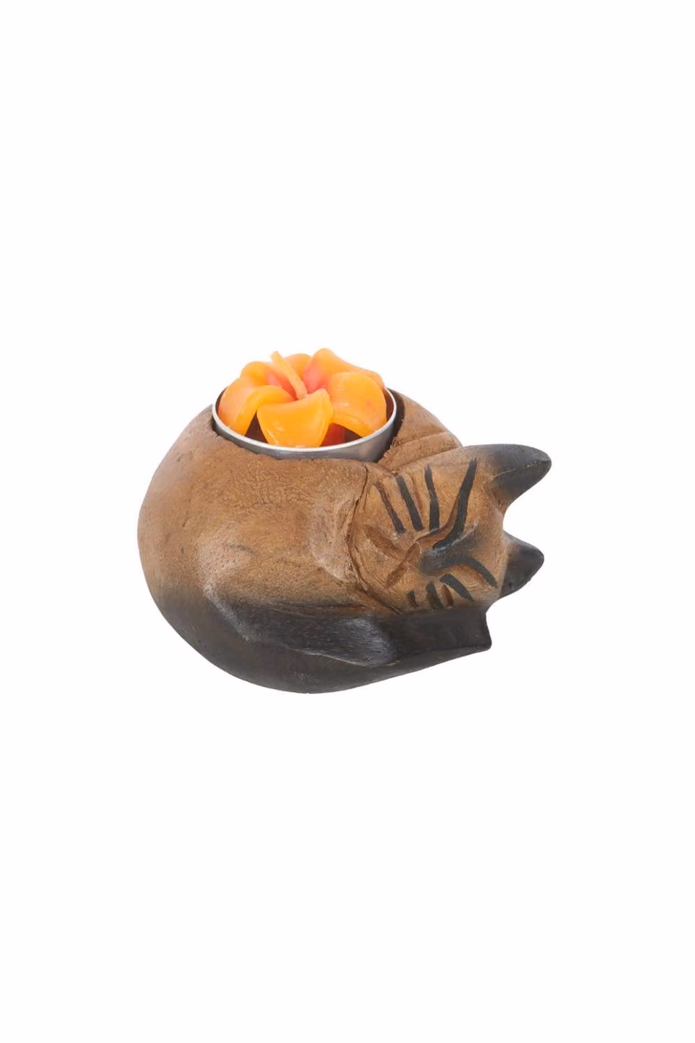 KDMD Curled Cat Tealight Holder, Handcrafted Brown Monkey Pod Wood Tabletop Decor – 2