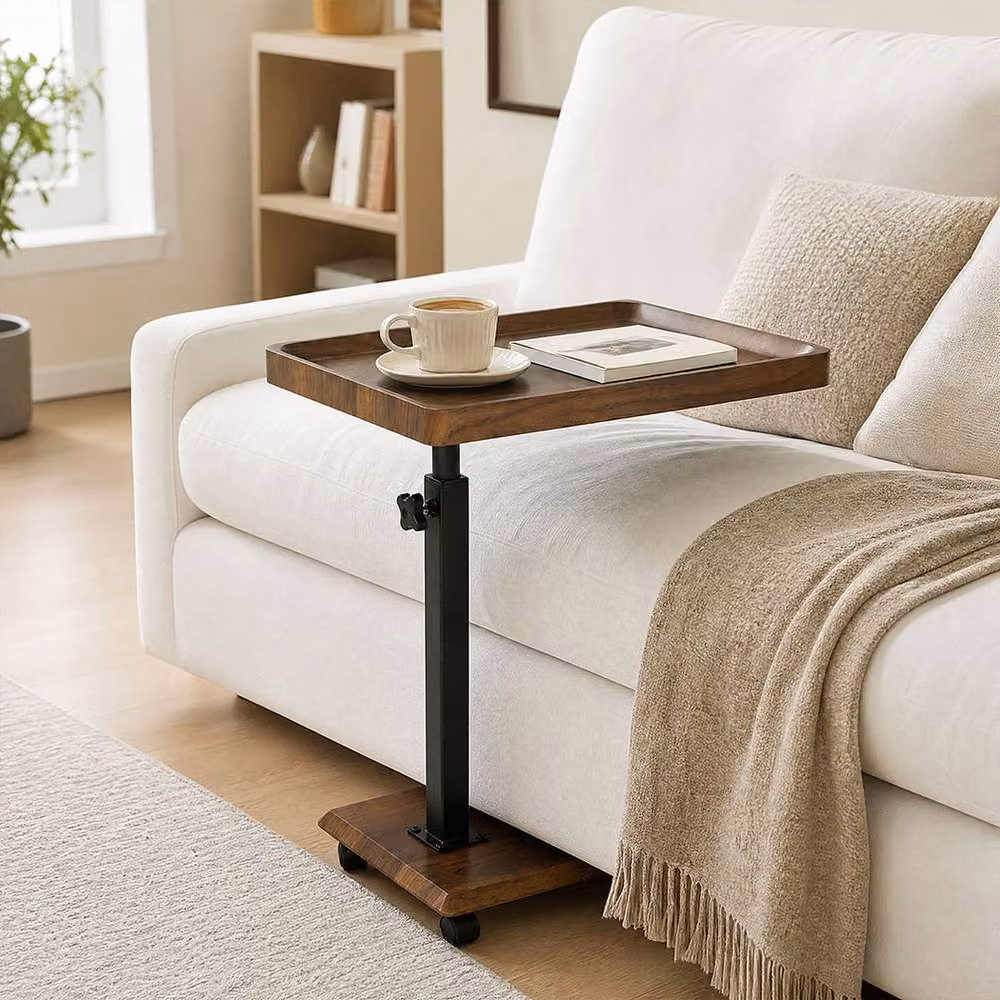 Levede Height Adjustable Side Table with 360 Degree Rotating Top and Castors, Walnut Brown MDF and Metal – 2