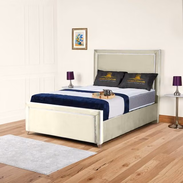 UK Bed Furniture Ariana Upholstered Velvet Bed Frame in Beige, W/D/H: 180 x 200 cm