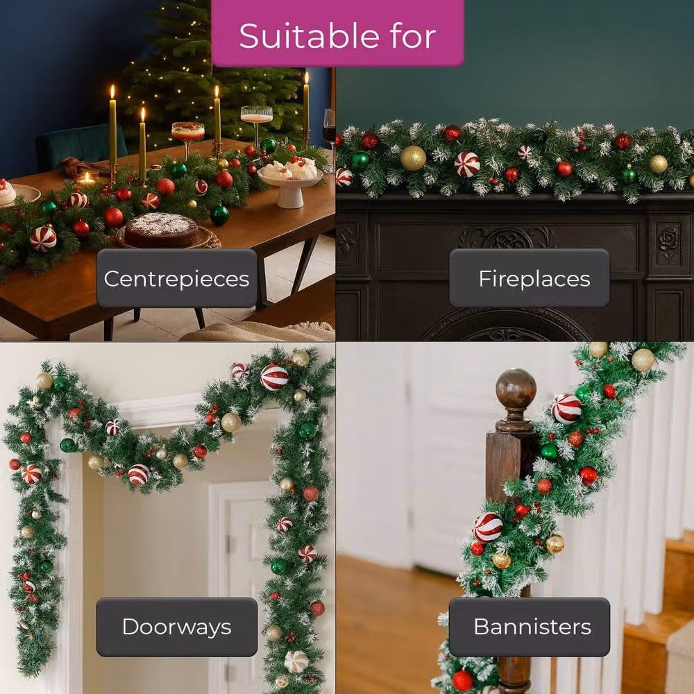 Neo Candy Cane Baubles and Festive Foliage Garland in Dark Green, 2m – 3