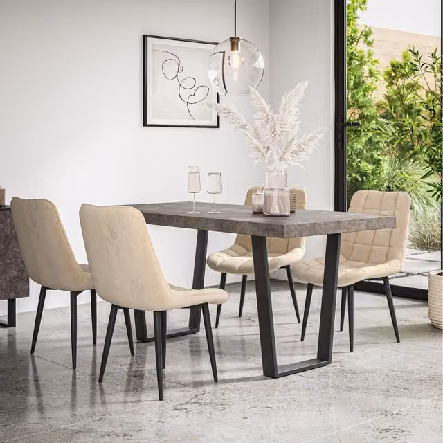 More4Homes Aria Dining Table and 4 Nova Velvet Chairs in Beige with Concrete Effect Rectangular Table
