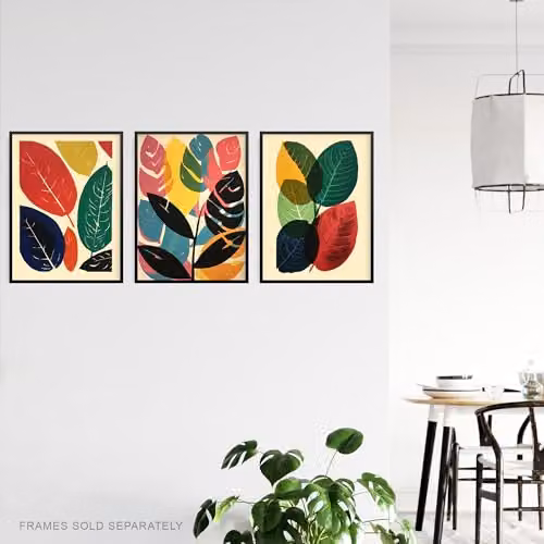 Artery8 Set of 3 Abstract Boho Leaf Paper Poster Prints, Multicolour Graphic Wall Art – 3