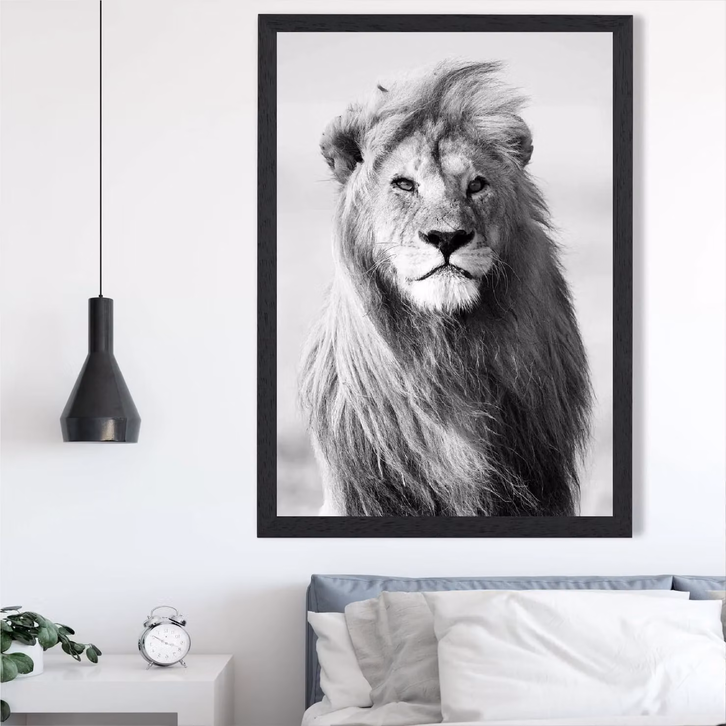 ARTZE Regal Lion Animal Black and White Framed Photo Print, A3, Black Frame – 2