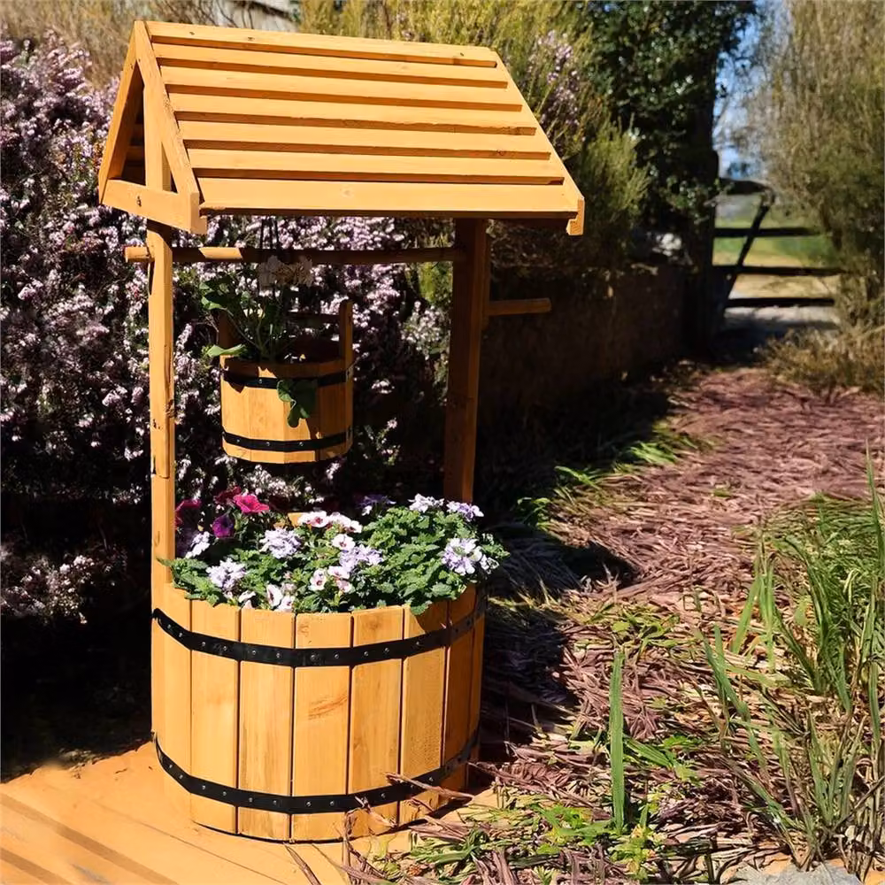 Nordara Wooden Wishing Well Garden Planter and Flowerpot in Brown – 4