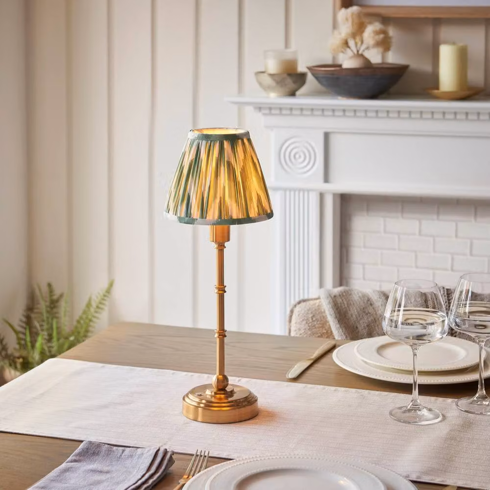 Netlighting Burley Rechargeable LED Table Lamp with Green Fabric Zigzag Shade and Gold Brass Base – 2