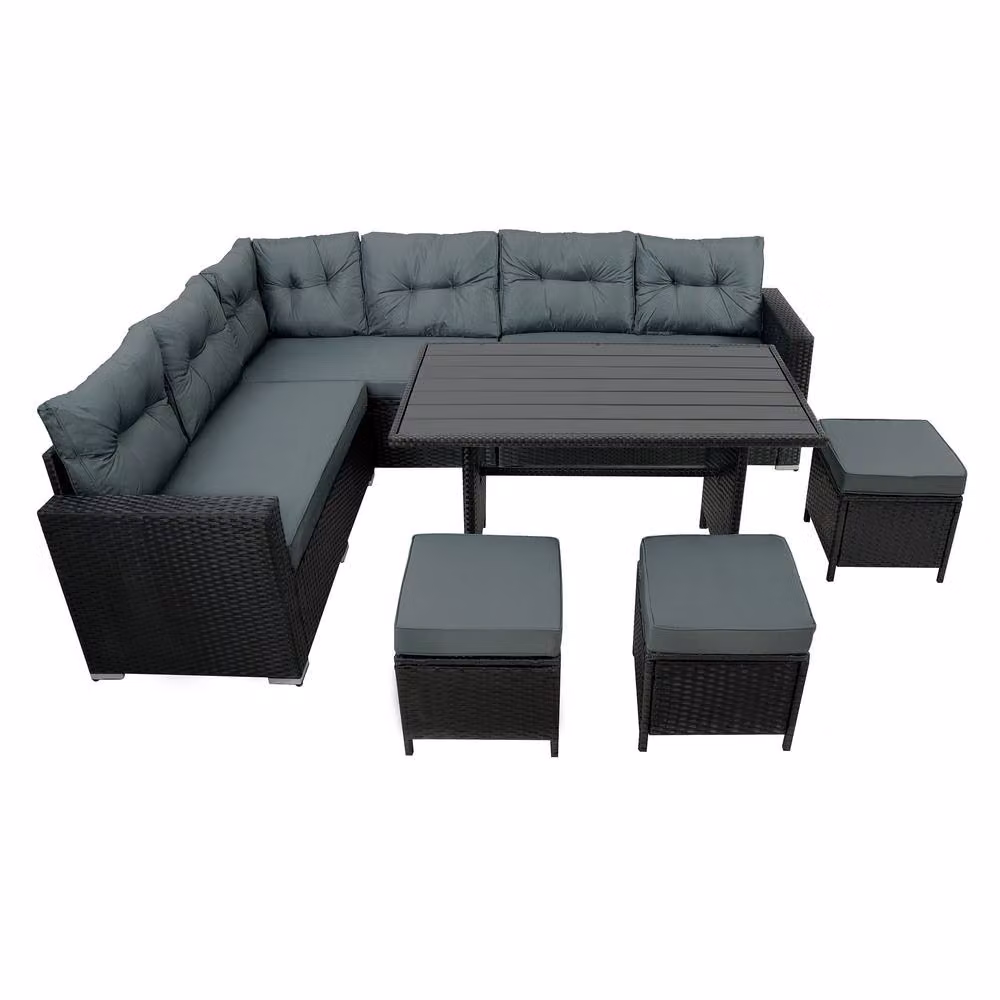 Monstershop Modern Rattan Corner Set with Composite Table in Black and Grey – 2