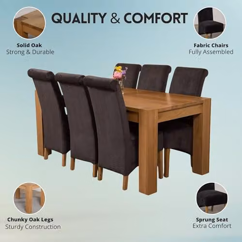 Oak Furniture King Kuba 6 Seater Solid Oak Dining Set with Black Fabric Upholstered Montana Chairs, Natural Finish, W: 180 cm, D: 90 cm – 2