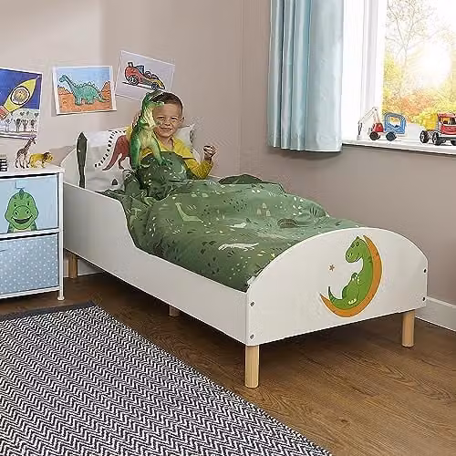Liberty House Toys White Dinosaur Toddler Bed in Solid Pine Wood, H68 x W74 x D144 cm
