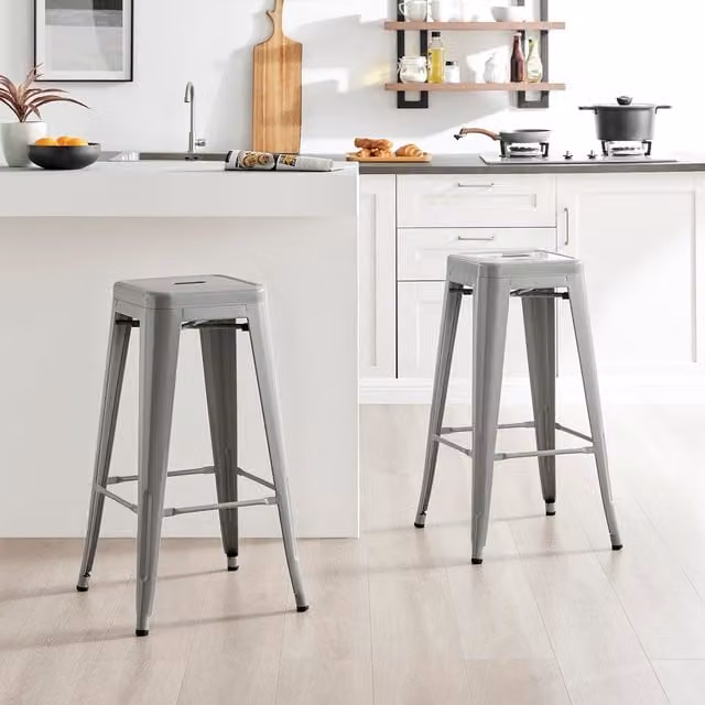 FurnitureboxUK Set of 2 Colton Industrial Style Metal Stackable Kitchen Bar Stools in Grey