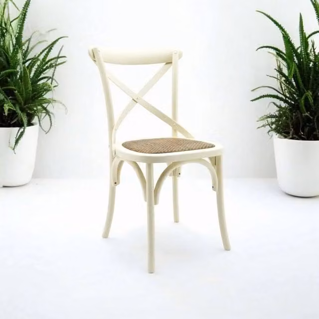 EONLION Cream Cross Back Dining Chair with Rattan and Fabric Details – 1
