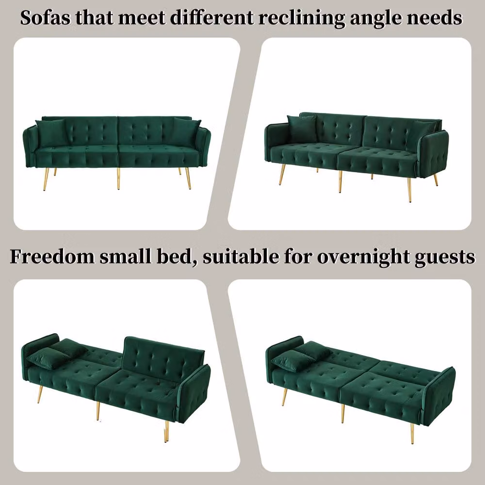 BTM 2 Seater Velvet Folding Sleeper Sofa Bed in Green with Adjustable Headrest and Solid Wood Frame – 7