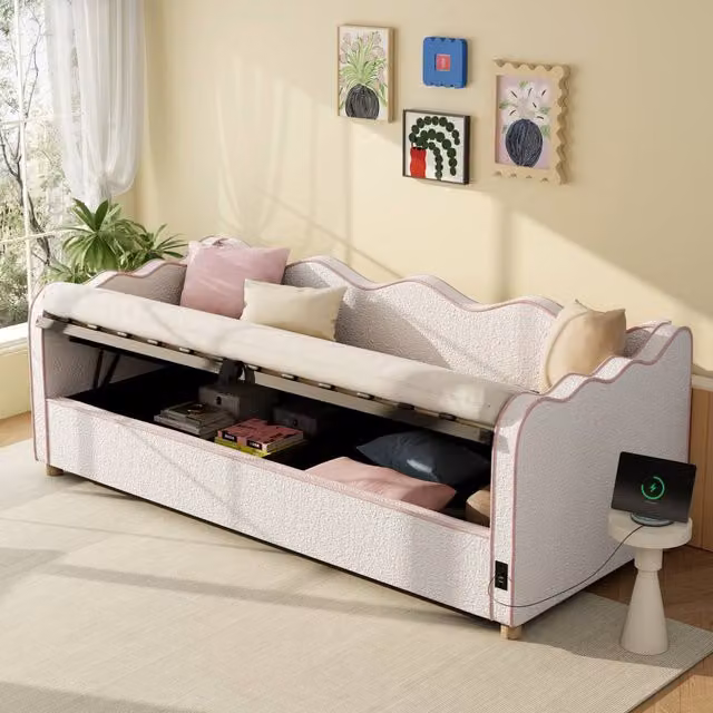 BTM Beige Bouclé Upholstered Single Daybed with Hydraulic Storage and USB Charging Port, W/D/H: 190 x 90 x 75 cm – 1