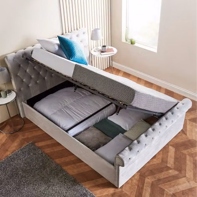 Home Treats Grey Velvet Upholstered Sleigh Bed with Lift Up Base, W/D/H: 180 x 200 cm