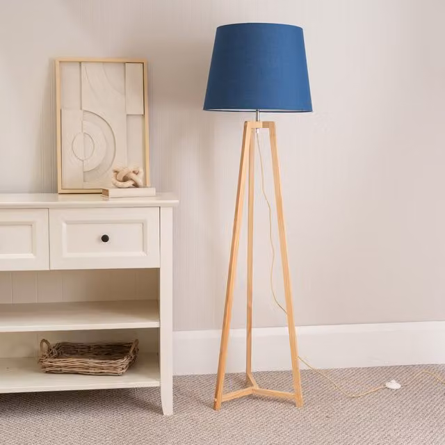 ValueLights Lottie Natural Floor Lamp with Tapered Fabric Shade and LED Bulb in Blue
