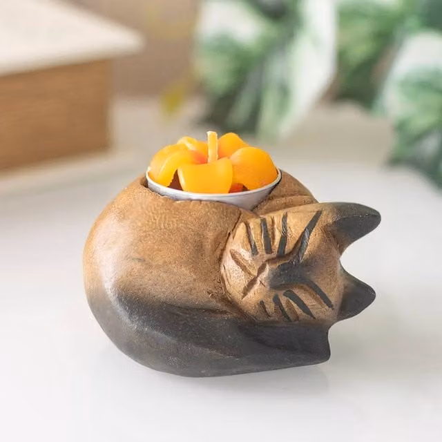 Uniqueful Curled Cat Tealight Holder in Brown – 1