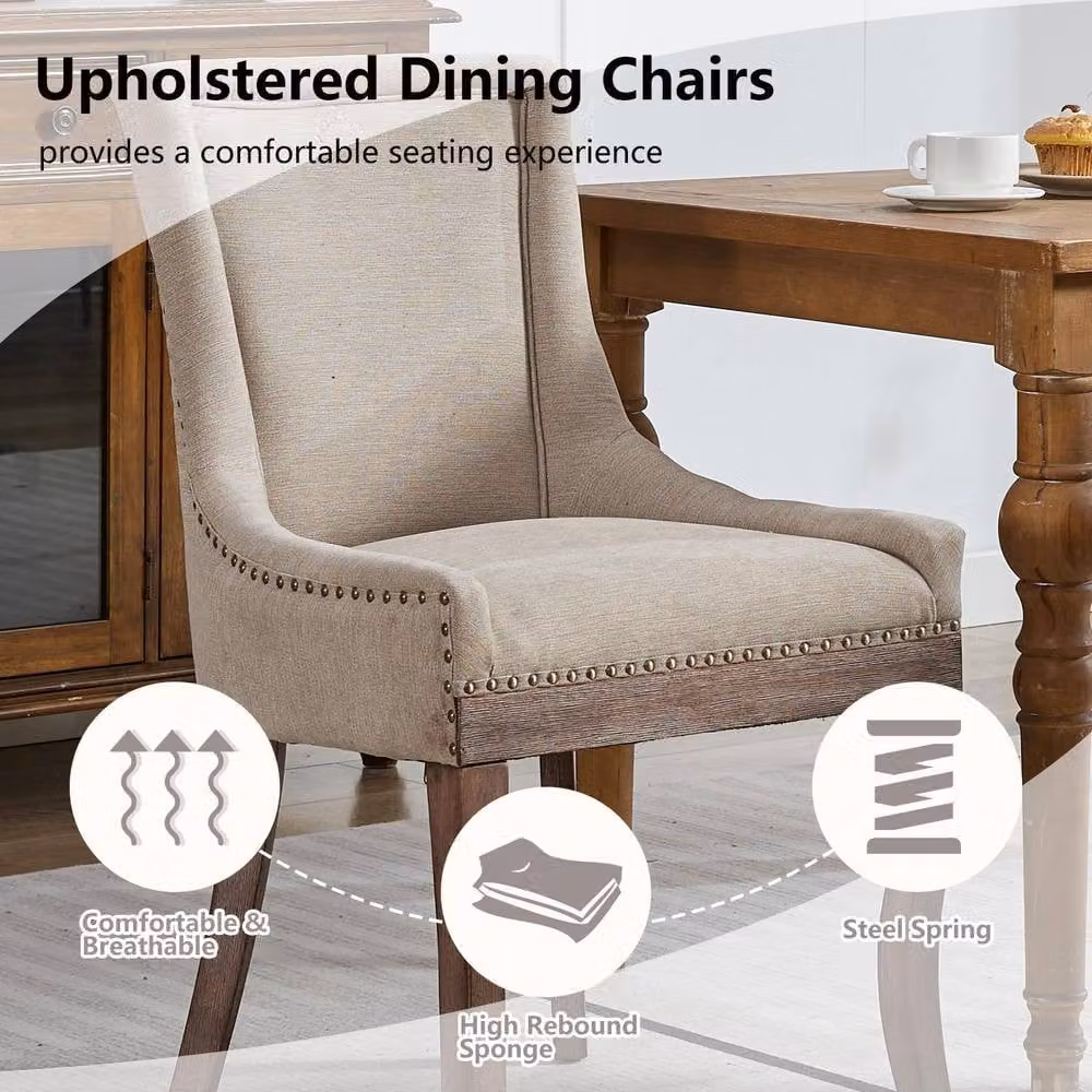 HomeTouch Set of 2 Bewley Plush Linen Upholstered Dining Chairs in Beige – 3