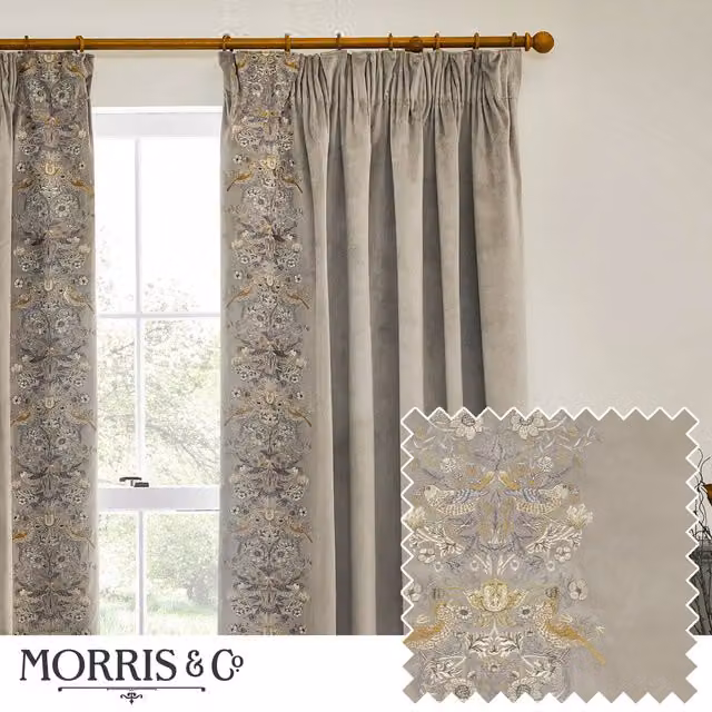 Morris & Co. Strawberry Thief Embroidered Velvet Pencil Pleat Curtains in Biscuit