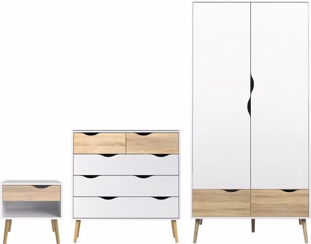 Furniture To Go Oslo Scandinavian Bedroom Furniture Set in White and Oak, including Bedside Table, Chest of Drawers and Wardrobe
