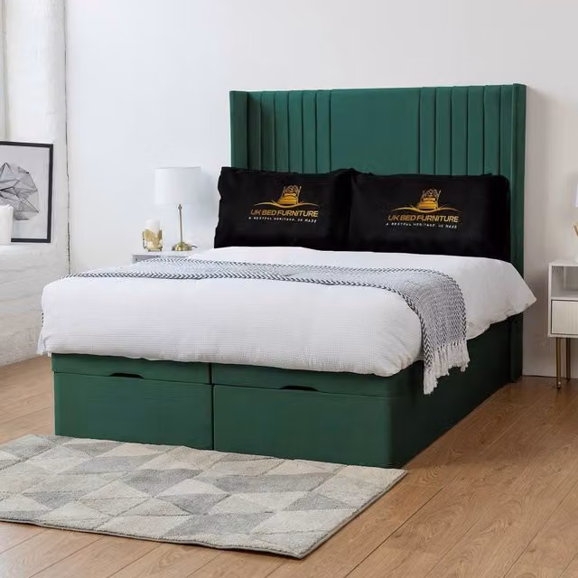 UK Bed Furniture Luxor Wingback End Lift Divan Ottoman Bed with 54 Inch Headboard in Green Velvet, W/D: 200 x 200 cm