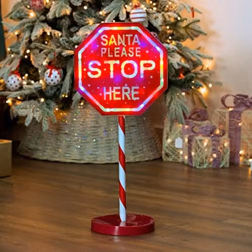 The Christmas Workshop Santa Please Stop Here Sign with 45 Multicoloured Lights, Red and White, 1m – 1