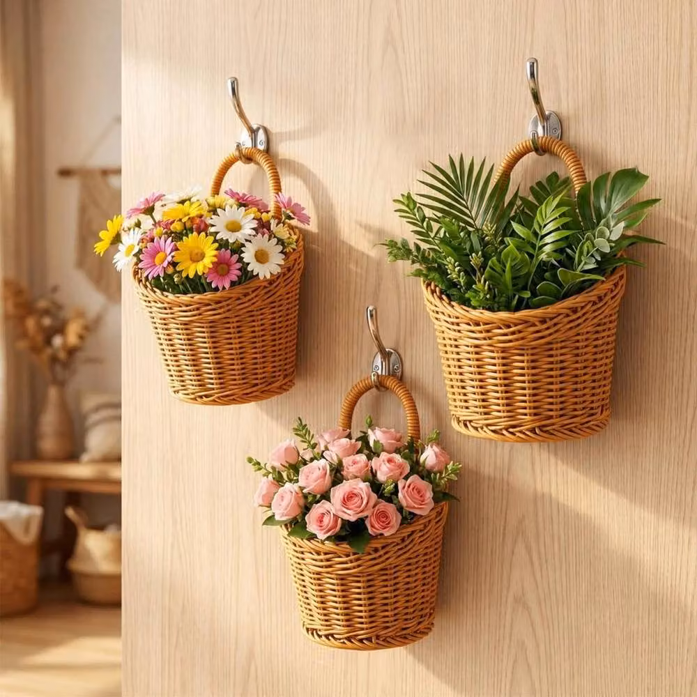 EONLION Set of 3 Brown Woven Rattan Wall Baskets with Handles – 4