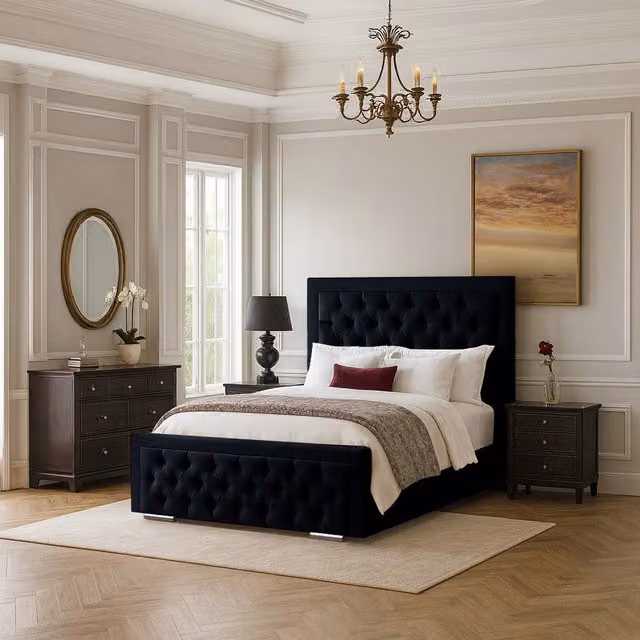 Desire Deco Kinsley Upholstered Velvet Bed Frame in Black, 180 x 200 cm