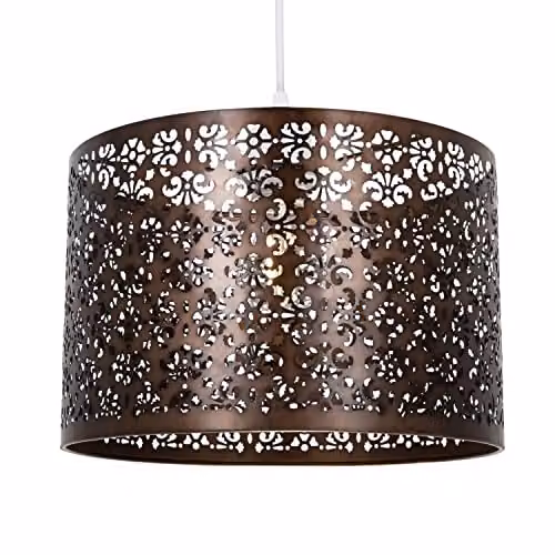 Happy Homewares Moroccan Designed Matt Bronze Metal Circular Pendant Light Shade with Floral Decor, Diameter: 29 cm