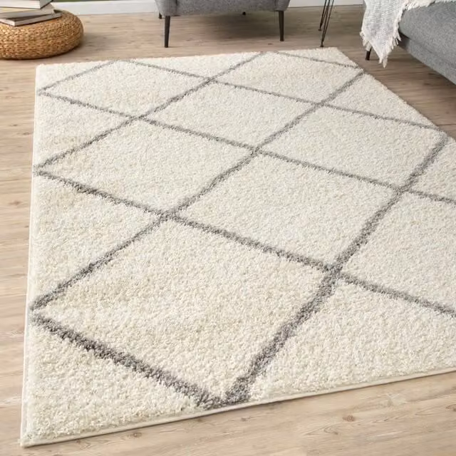 THE RUGS Moroccan Soft High Pile Shaggy Diamond Rug, Off-White, W/D: 120 x 120 cm – 1