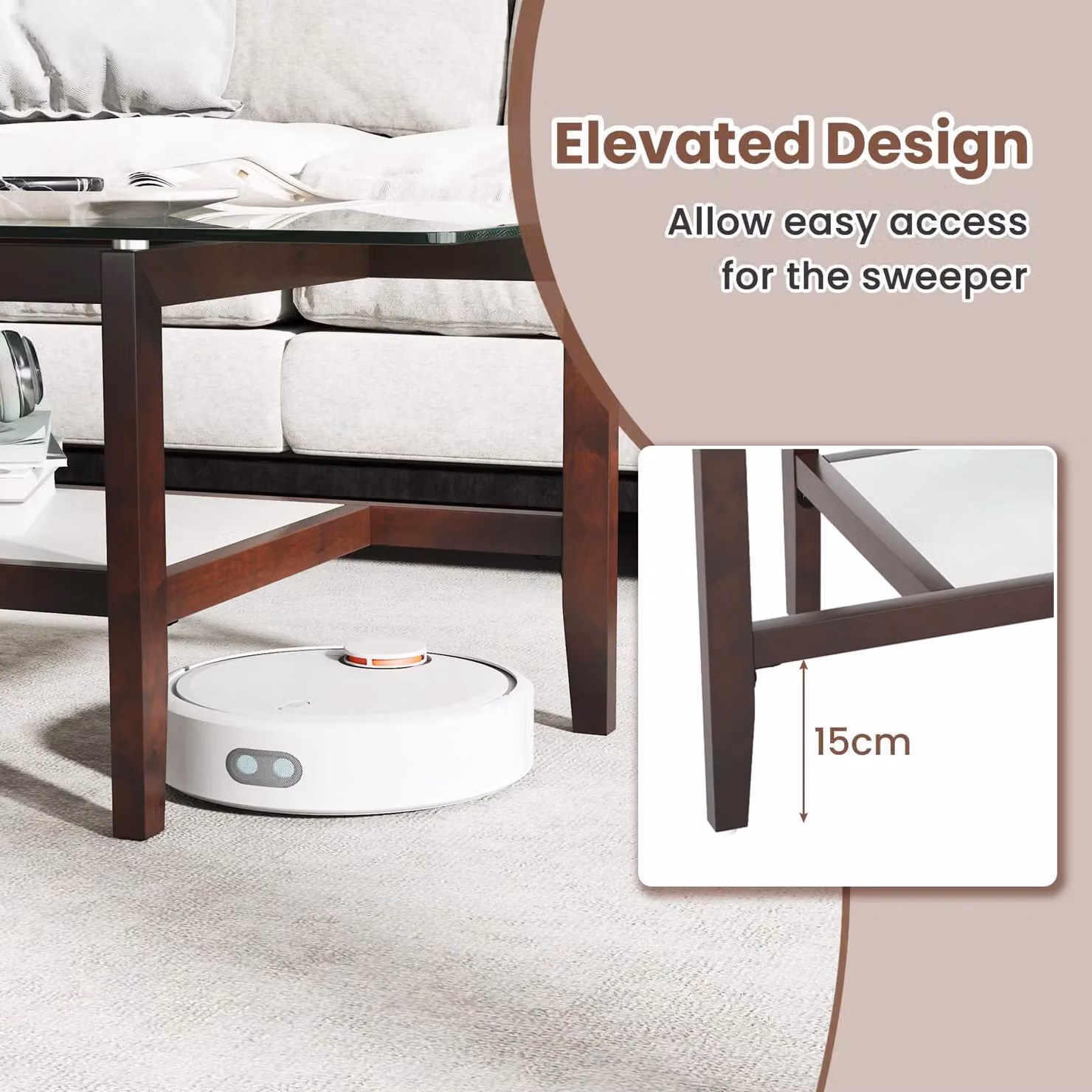Gymax 2-Tier Glass and Rubberwood Coffee Table with Storage Shelf, Brown – 6