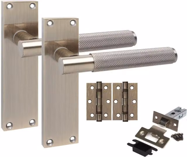 Golden Grace Victorian T-Bar Knurled Door Handle Set with Long Backplate, Latches and Ball Bearing Hinges, Black