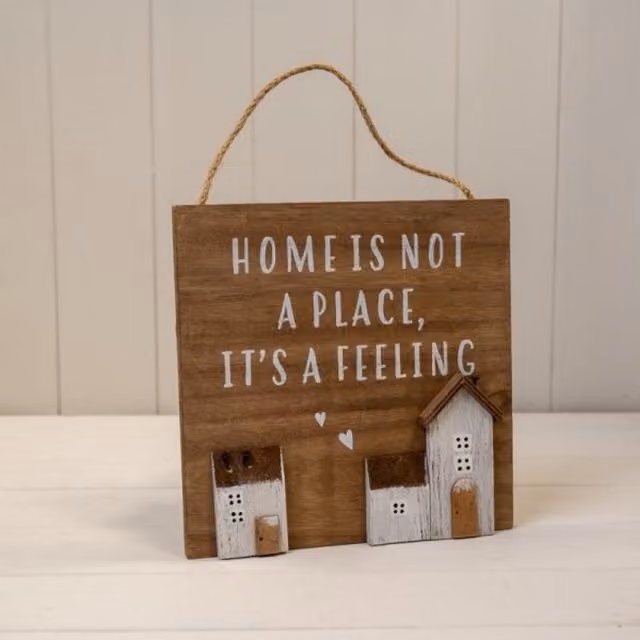 Rustic Brown Wooden Hanging Home Sign with Typography Home is Not a Place it's a Feeling