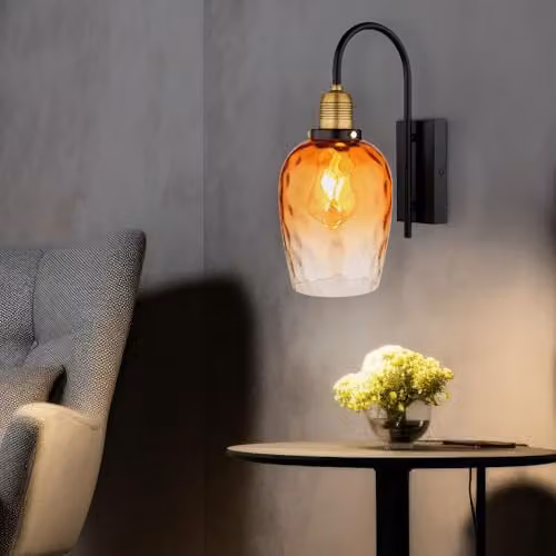 Globo Lighting Amber Glass and Brass Industrial Wall Lamp for Hallways and Bedrooms, Height: 35 cm – 2