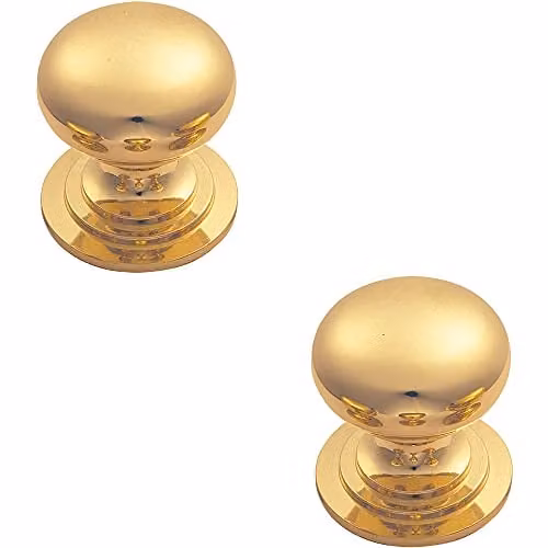 Loops 2 Pack Victorian Round Cupboard Door Knobs in Polished Brass, Diameter: 42 mm
