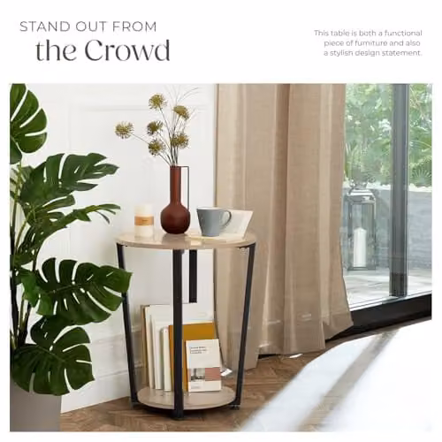 tectake Round Industrial Style Side Table with Steel Frame and Brown Wooden Shelves, Diameter: 50 cm, Height: 62.5 cm – 4