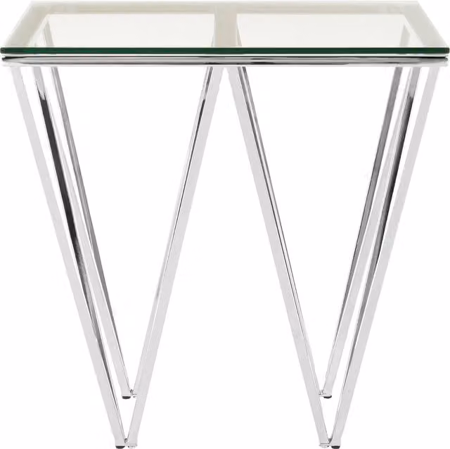 Orsina Silver Chrome End Table with Transparent Glass Top and Geometric Metal Design