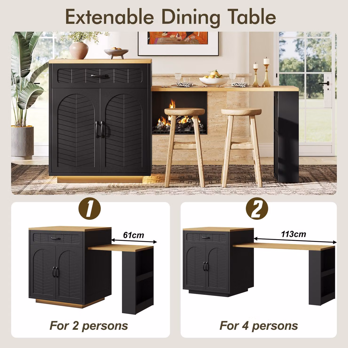 Aosom UK Extendable Kitchen Island with Dining Table and Multifunctional Storage Cabinet with Wine Rack, Black, W/D/H: 141 x 70 x 101.5 cm – 5