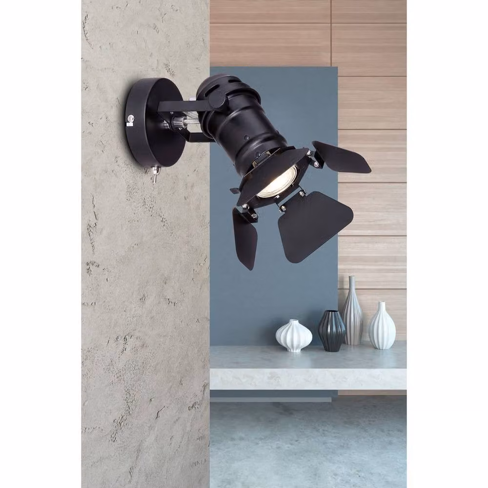 Globo Lighting Black Metal Adjustable Round Wall Spotlight with GU10 Bulb – 6