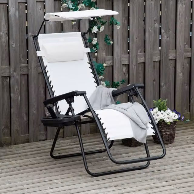 OUTSUNNY White Zero Gravity Patio Lounge Chair with Adjustable Headrest and Cup Holder – 1