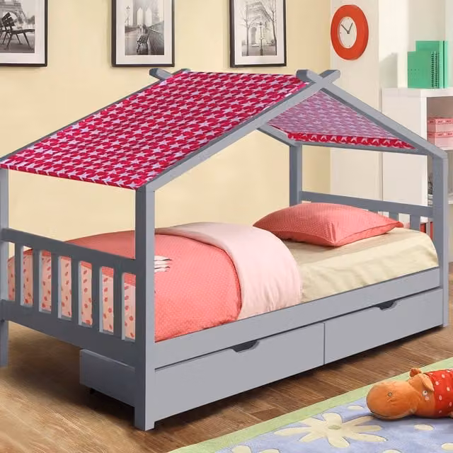 Comfy Living Childrens Solid Wood House Storage Bed with Drawers and Fabric Tent in Grey and Pink, 90 x 190 cm