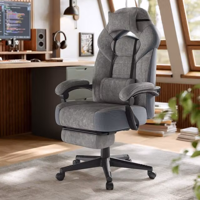 SONGMICS Ergonomic Grey Fabric Gaming Chair with Headrest and Armrests