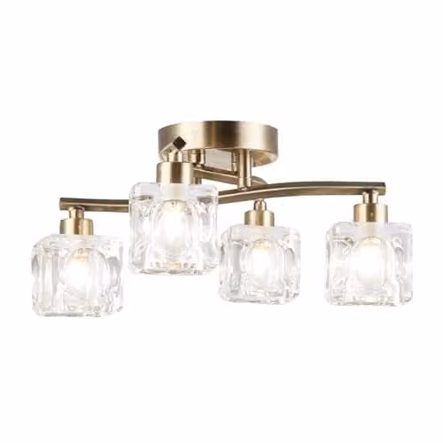 Happy Homewares Modern 4-Bulb Ceiling Light in Antique Brass with Transparent Square Ice Cube Glass Shades, W/D/H: 35 x 35 x 35 cm – 1
