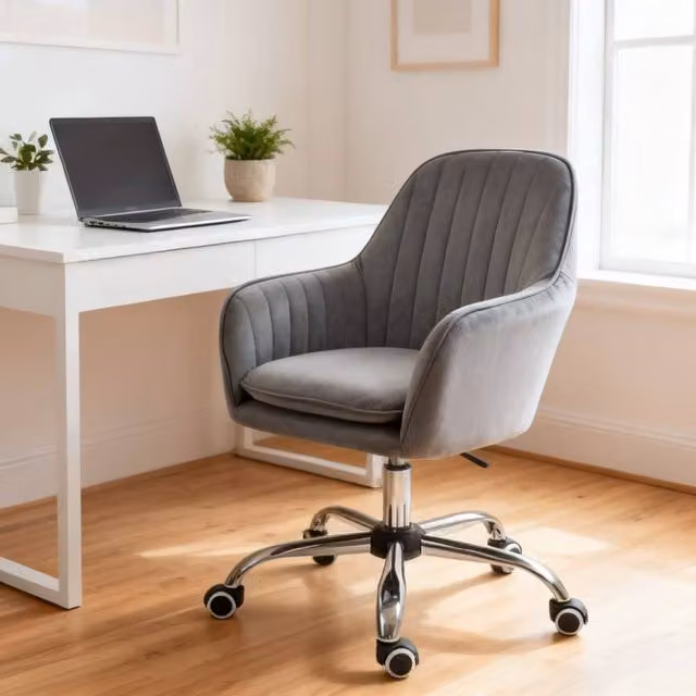 ERGOVEXA Grey Velvet Fabric Task Chair with Armrests and Castors
